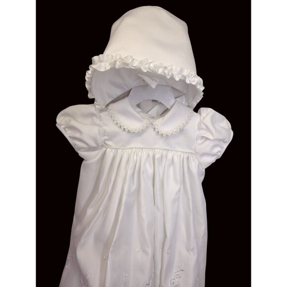 Baby Girl Christening Baptism Dress Bonnet Set Sz 6-9M White Satiny Embroidered - Picture 7 of 12